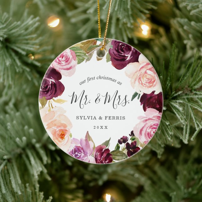 Adorno De Cerámica Fotos recién casadas de Purple Floral Navidades El (Árbol)
