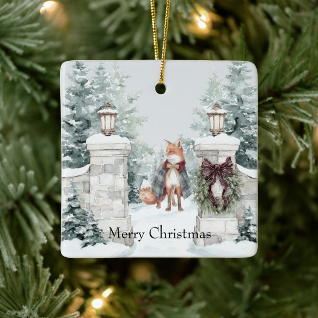 Adorno De Cerámica Fox Green Coat Snow Christmas (Árbol)