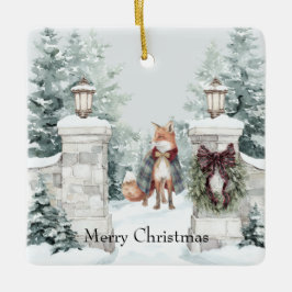 Adorno De Cerámica Fox Green Coat Snow Christmas