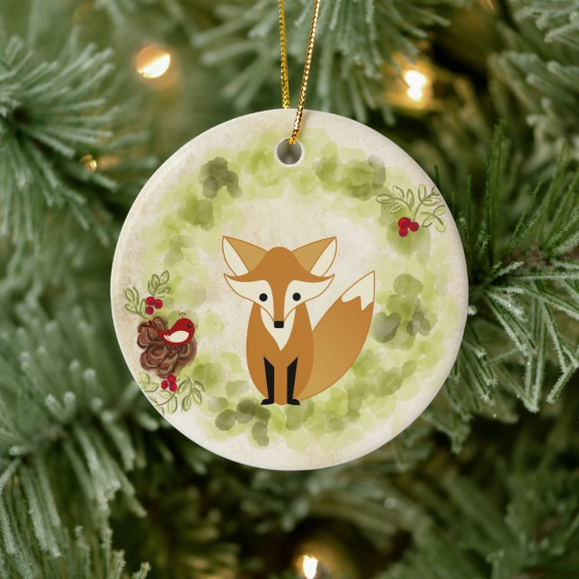 Adorno De Cerámica Fox personalizada de Woodland y Wreath de vacacion (Árbol)