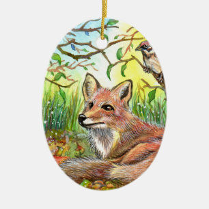 Adorno De Cerámica Fox que descansa con el gorrión