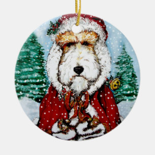 Adorno De Cerámica Fox terrier Santa del alambre