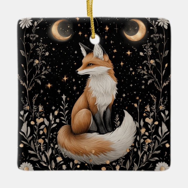 Adorno De Cerámica Fox y Flores Celestes Míticas (Anverso)