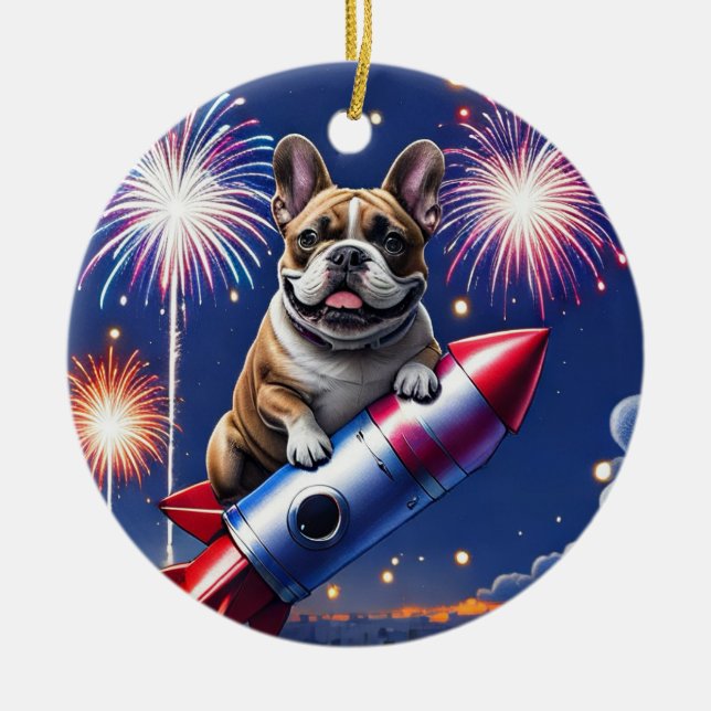 Adorno De Cerámica Französische Bulldogge Neujahr lustig Rakete (Frente)