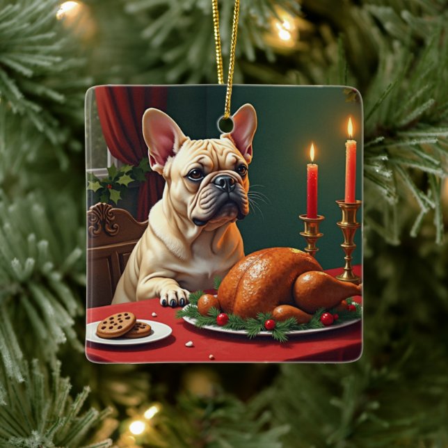 Adorno De Cerámica French Bulldog Christmas Eve Feast Painting (Árbol)