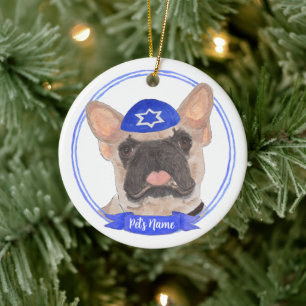 Adorno De Cerámica Frenchie Hanukkah con máscara personalizada