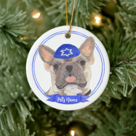 Adorno De Cerámica Frenchie Hanukkah tricolor azul personalizado