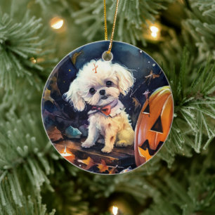 Adorno De Cerámica Frisa de Bichon de Halloween con calabazas asustad