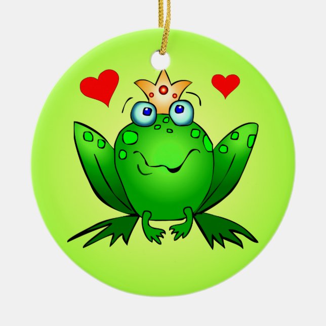 Adorno De Cerámica Frog Prince Princess Cartoon Frogs Hearts Green (Frente)
