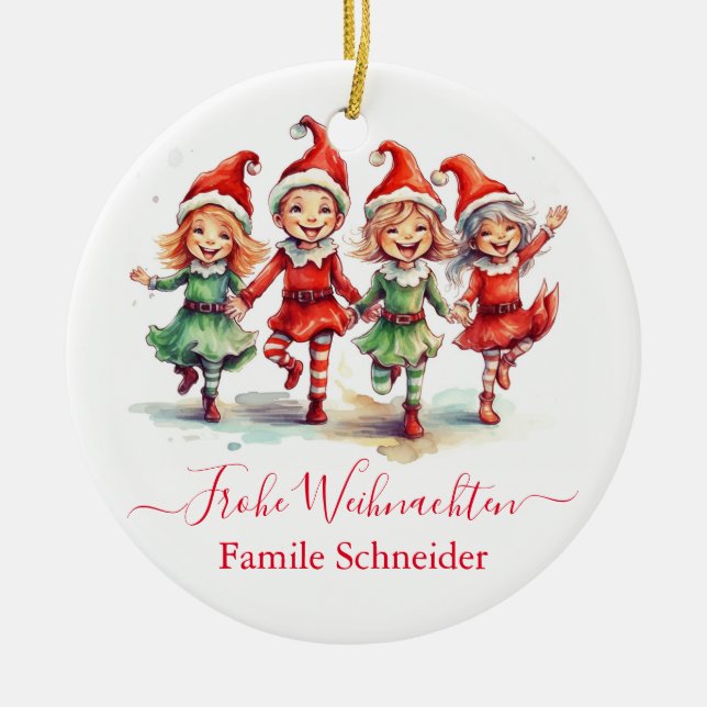 Adorno De Cerámica Frohe Weihnachten Navidades elfos alemanes (Frente)