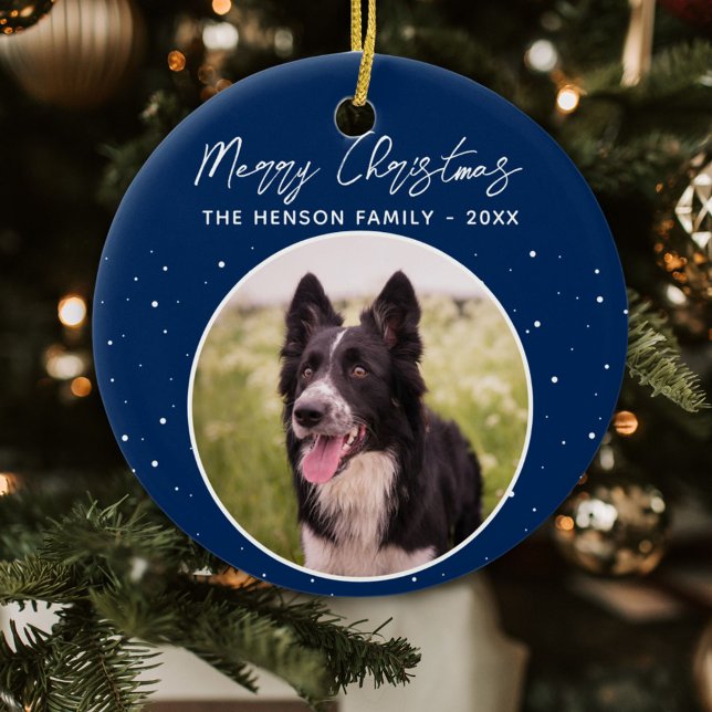Adorno De Cerámica Frontera Collie Photo Family Feliz Navidad Azul (Subido por el creador)