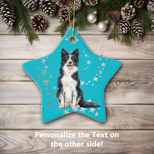 Adorno De Cerámica Frontera Collie Silver Estrellas Navidades Verde a