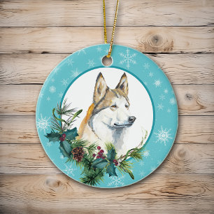 Adorno De Cerámica Frontera Siberiana Husky Evergreen de copo de niev