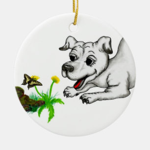 Adorno De Cerámica Frühlingserwachen, Welpe mit Schmetterling