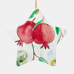 Adorno De Cerámica Fruto granado acuarela alimento rojo vintage