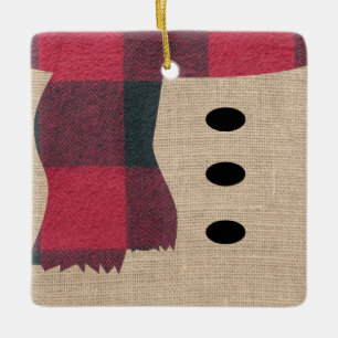 Adorno De Cerámica Fun Farmhouse Burlap Snowman Plaid Scarf & Button