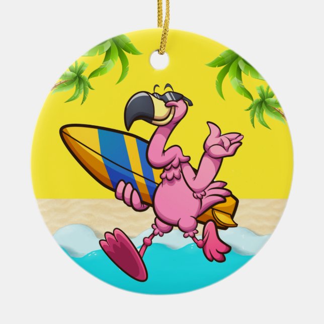 Adorno De Cerámica Fun Flamingo Surfer (Frente)