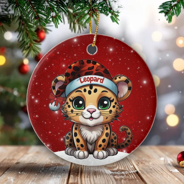 Adorno De Cerámica Fun Leopard Red Sparkle Animal Print Lover 🐆🐈🐾 (Custom Name Leopard Red Sparkle Ornament Personalizable cat lover Decor Kitten Xmas Decoration 🐆🎄)