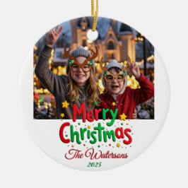 Adorno De Cerámica Fun Retro Script Merry Christmas Letterpress Photo