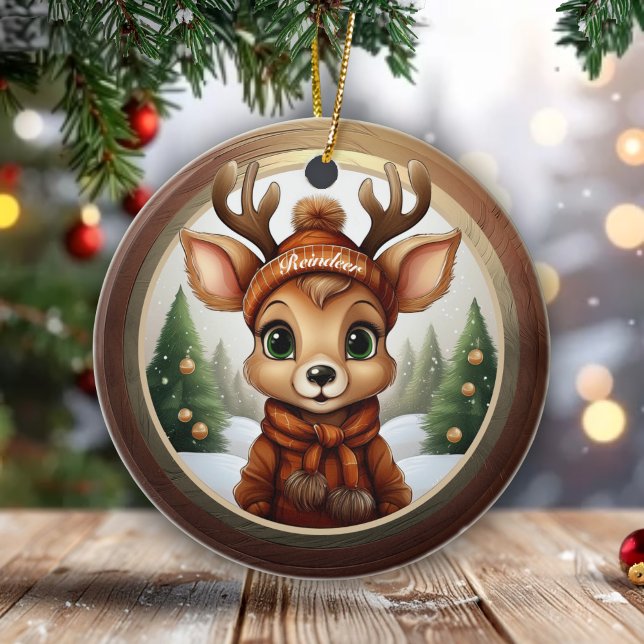 Adorno De Cerámica Fun Whimsical Winter Wildlife Christmas Deer 🎄🦌 (Fun Whimsical Reindeer with Customizable Name, Winter Wildlife Christmas Deer Ceramic Ornament  🎄🦌)