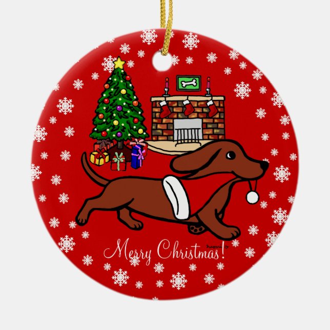 Adorno De Cerámica Funcionamiento del navidad del Dachshund (Frente)