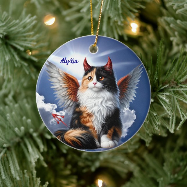 Adorno De Cerámica Funny Calico Demon y Angel Cat (Árbol)