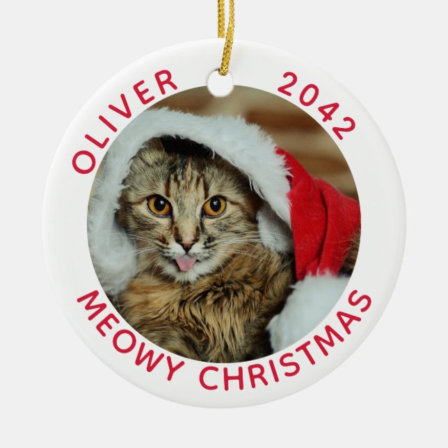 Adorno De Cerámica Funny Cat Meowy Navidades Photo Name (Frente)