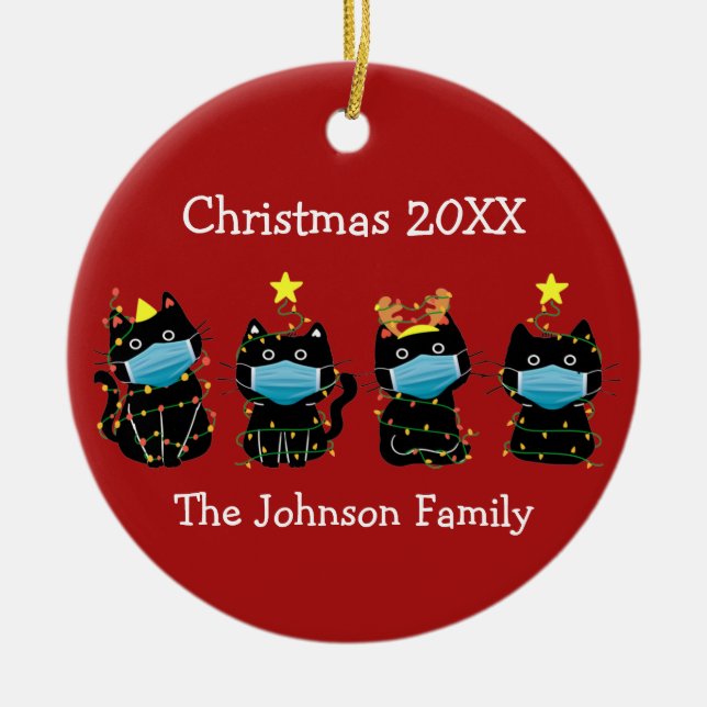 Adorno De Cerámica Funny Cat Navidades Covid Face Mask Personalizado  (Frente)