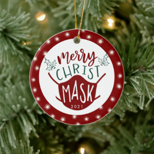Adorno De Cerámica Funny COVID MERRY ChristMASK Photo Red