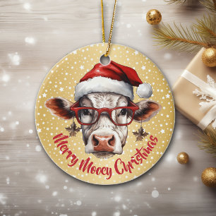 Adorno De Cerámica Funny Cow Mooey Navidades Gold Star Background