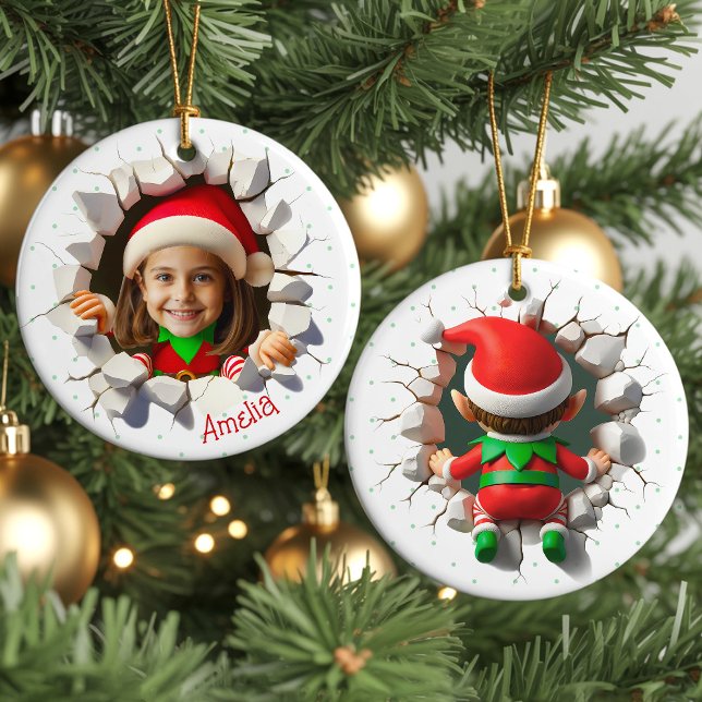 Adorno De Cerámica Funny Custom Face Photo Christmas Elf Name Holiday (Funny custom face photo crashing Christmas elf personalized name cute keepsake holiday ornament gift)