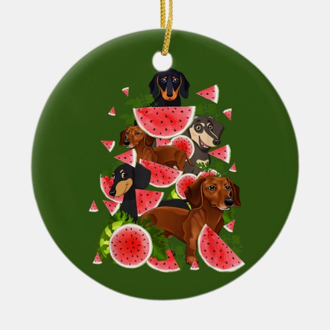 Adorno De Cerámica Funny Dachshund Christmas Tree Watermelon Summer (Frente)