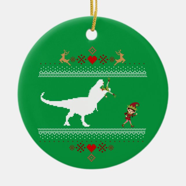 Adorno De Cerámica Funny Dinosaur Ugly Sweater Elf T-rex (Frente)