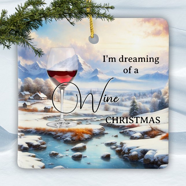 Adorno De Cerámica Funny Dreamy Wine Christmas Ornament (Funny dreamy wine Christmas ornament
featuring a painting of a winter wonderland with a glass of red)