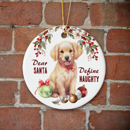 Adorno De Cerámica Funny Golden Retriever Pup Define Naughty Holiday