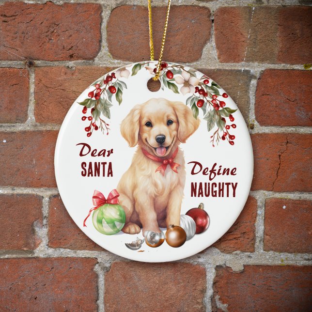 Adorno De Cerámica Funny Golden Retriever Pup Define Naughty Holiday (Subido por el creador)