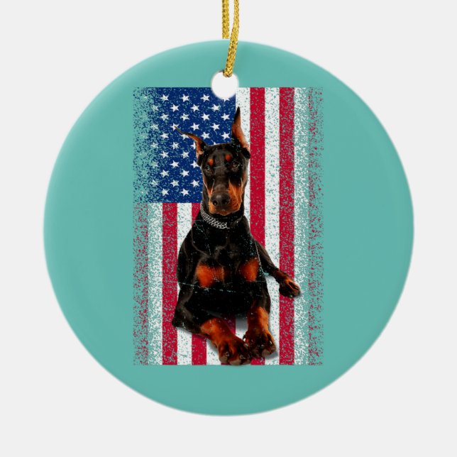 Adorno De Cerámica Funny Perro Doberman Bandera Americana Patriótica  (Frente)