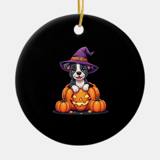 Adorno De Cerámica Funny Pitbull Witch Pumpkin Dog Halloween Mens Wom (Frente)