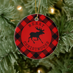 Adorno De Cerámica Funny Rustic Merry Christmoose Red Plaid