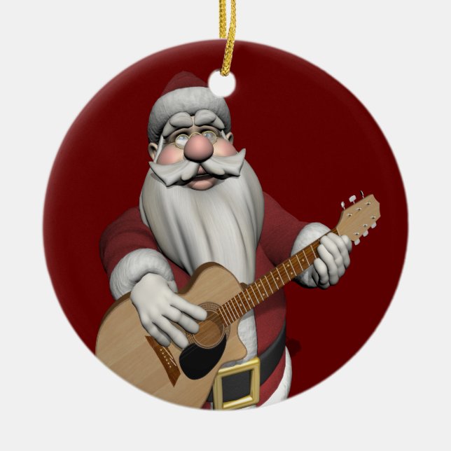 Adorno De Cerámica Funny Santa Claus toca guitarra acústica (Frente)