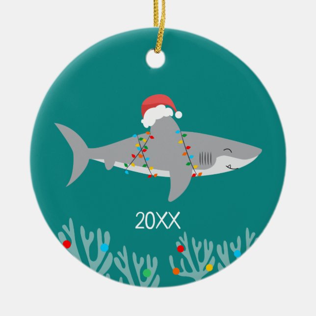 Adorno De Cerámica Funny Shark Round Christmas Ornament (Frente)
