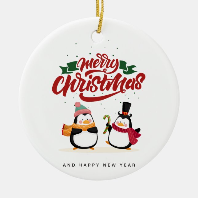 Adorno De Cerámica Funny tarjeta de Navidades pingüinos, Feliz Navida (Frente)