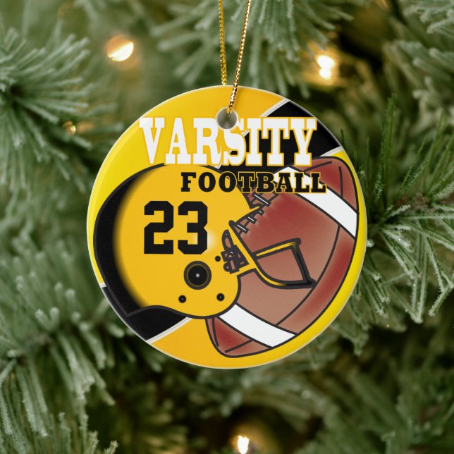 Adorno De Cerámica Fútbol Amarillo y Negro Varsity de Oro (Árbol)