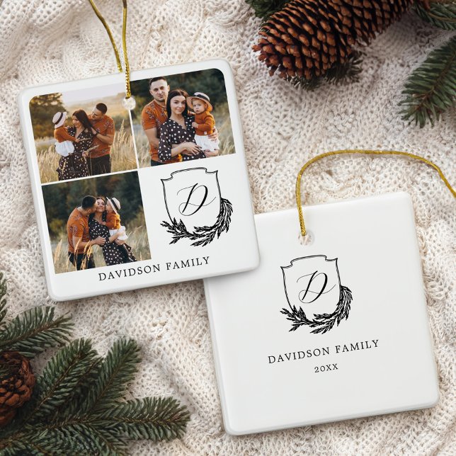 Adorno De Cerámica Galería fotográfica de la familia Garland Wreath M (Garland Wreath Monogram Family Photo Gallery Black Ceramic Ornament)