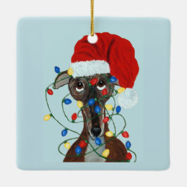 Adorno De Cerámica Galgo de Santa enredado en luces de Navidad