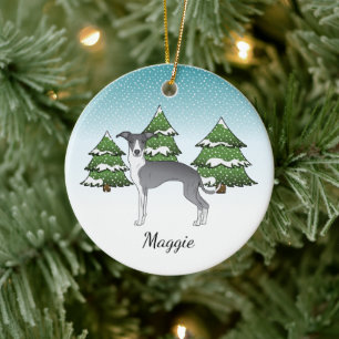 Adorno De Cerámica Galgo Italiano Azul y Blanco en Bosque Invernal