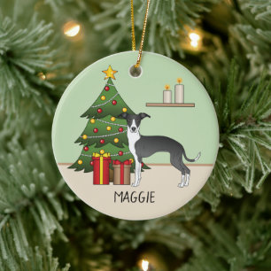 Adorno De Cerámica Galgo Italiano Blanco Y Negro & Árbol de Navidad