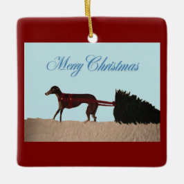 Adorno De Cerámica Galgo tirando un árbol de Navidad a través de la n