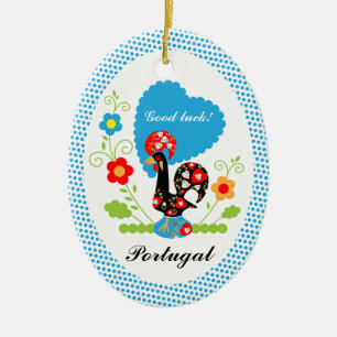 Adorno De Cerámica Gallo portugués con puntos de polka azul