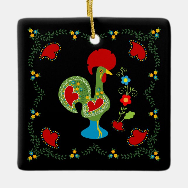 Adorno De Cerámica Gallo portugués de suerte en cumpleaños verde feli (Anverso)